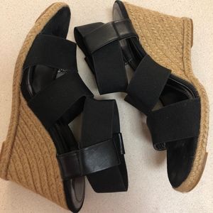 Tahari Black Elastic Rope Wedges